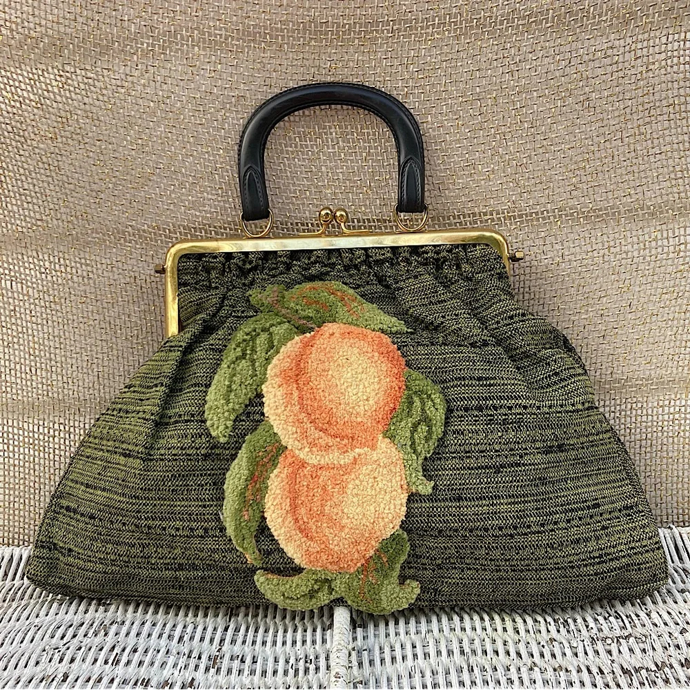 Vintage Style Peach Carpetbag Applique on Green Black Lined Fabric Handbag *HP!*